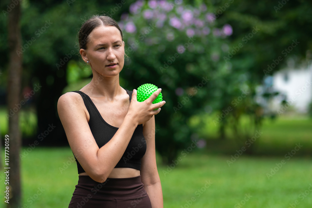 Young woman in sports clothes in the park massages her shoulder with a green ball with spikes for acupressure, promoting relaxation and relieving muscle tension Young woman in sports clothes in the park massages her shoulder with a green ball with spikes for acupressure, promoting relaxation and relieving muscle tension