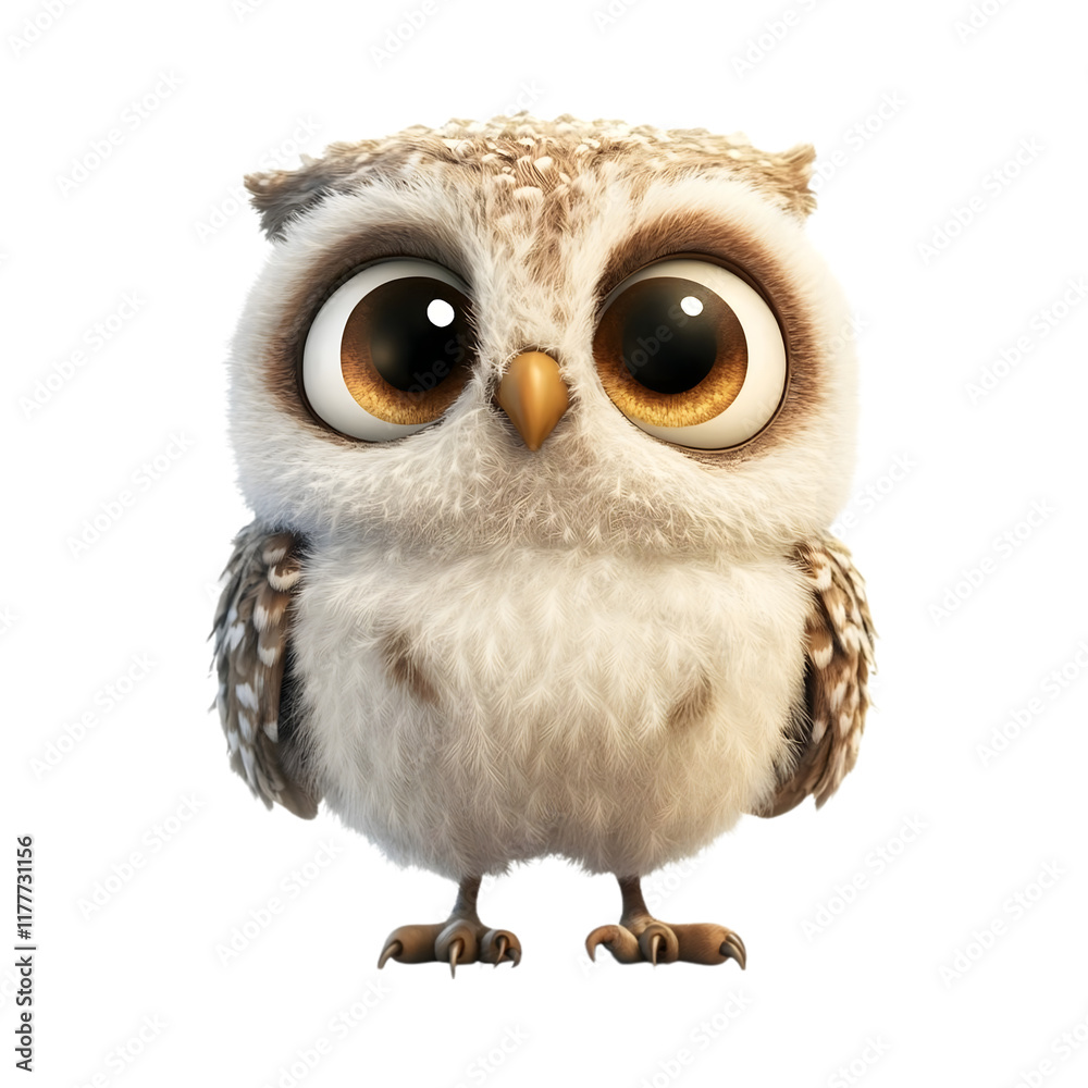 Adorable 3D rendered baby owl with large expressive eyes, fluffy feathers, and tiny claws. Perfect for children's books, websites, or branding. Adorable 3D rendered baby owl with large expressive eyes, fluffy feathers, and tiny claws. Perfect for children's books, websites, or branding.