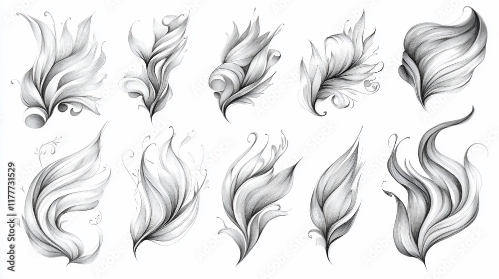 Fototapeta premium Abstract floral design set, graphic art, elegant decorative elements, design inspiration