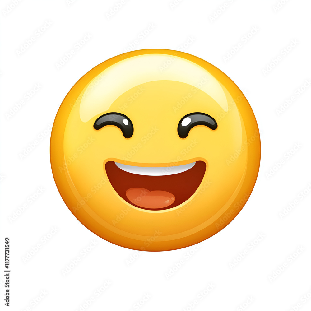 Smiling emoji face with cheerful expression on white background, happy emoticon design
Smiling emoji face with cheerful expression on white background, happy emoticon design