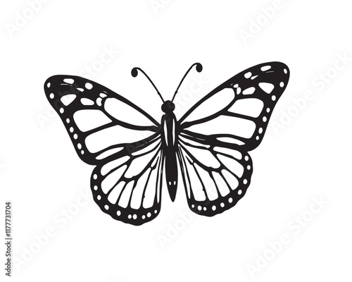 A black and white coloring page depicting a Butterfly pattern with bold lines and a clean line art style against a white background, Vector illustration.