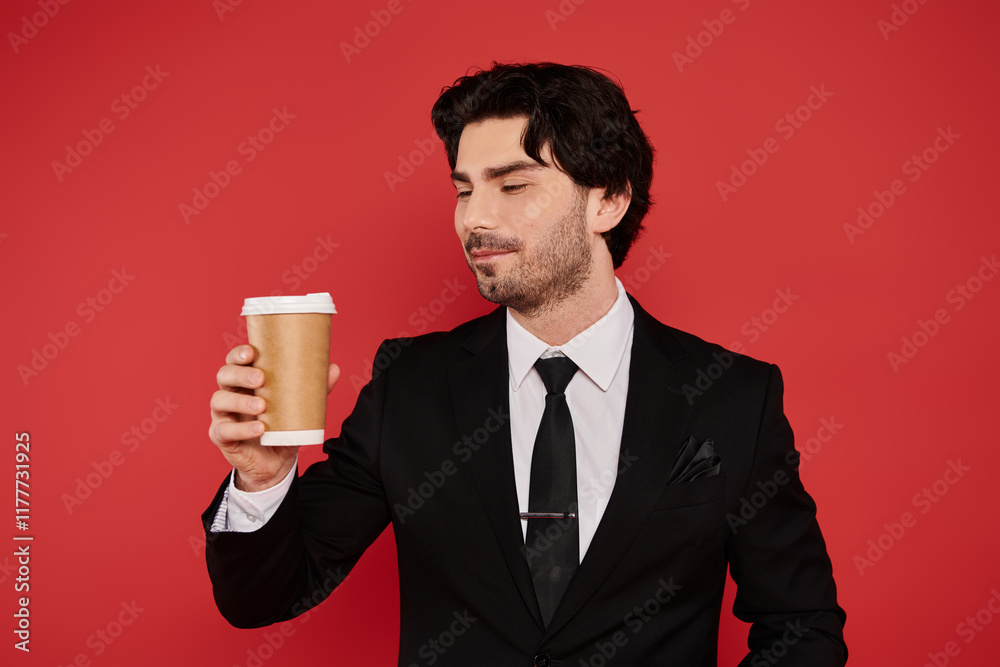 Young handsome man enjoying a coffee break against a vibrant red backdrop Young handsome man enjoying a coffee break against a vibrant red backdrop