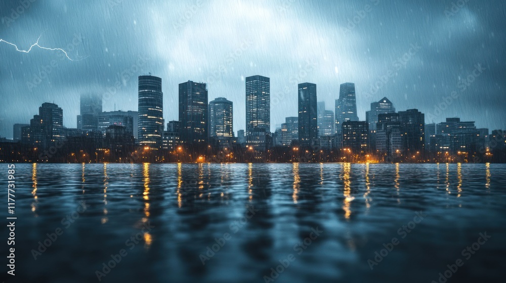 Fototapeta premium A city skyline covered in a powerful storm, with dark clouds hanging overhead and lightning reflecting off the glass windows of tall buildings.