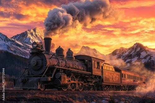 A majestic steam train journeys through a snow-capped mountain range at sunset, emitting billowing smoke.