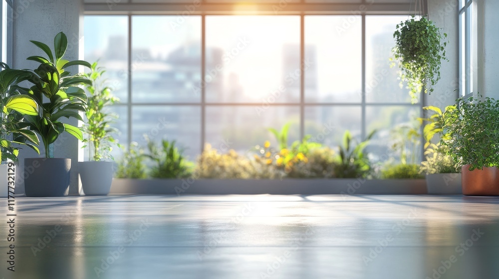 Fototapeta premium Sunlit Room Plants Floor Window City View