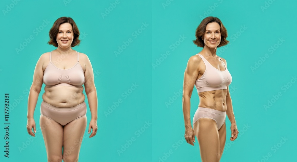 Fototapeta premium Body transformation journey of mature caucasian female on teal background illustrating weight loss success