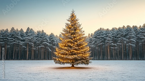 Lit Christmas tree in snowy field at dusk. photo