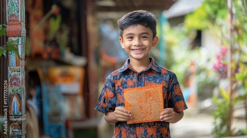 Smiling boy in batik shirt holding orange envelope outdoors. Smiling boy in batik shirt holding orange envelope outdoors.