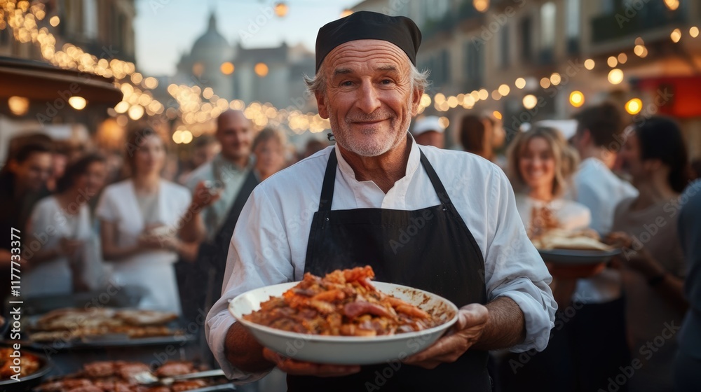 Chef showcasing his delicious pasta dish at a vibrant outdoor festival in the evening Chef showcasing his delicious pasta dish at a vibrant outdoor festival in the evening