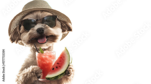 Cute dog in sunglasses and straw hat enjoying a refreshing drink and watermelon slice in a fun summer tropical vibe, perfect for seasonal promotions and lifestyle concepts.