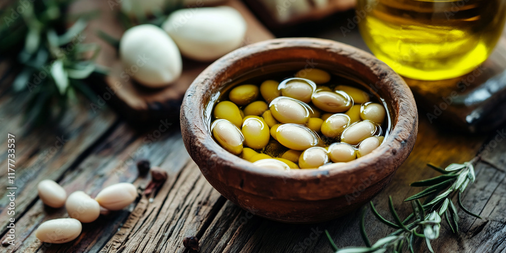 Beans with olive oil with brown bread on the table Beans with olive oil with brown bread on the table