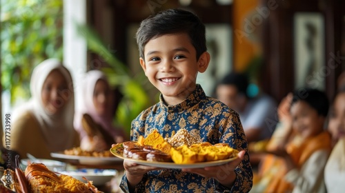 Happy boy holding plate of food at family gathering.