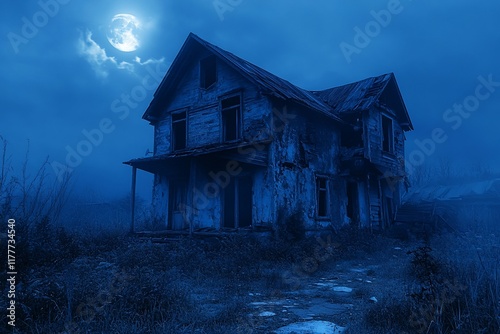 Abandoned house at night under moonlight photo