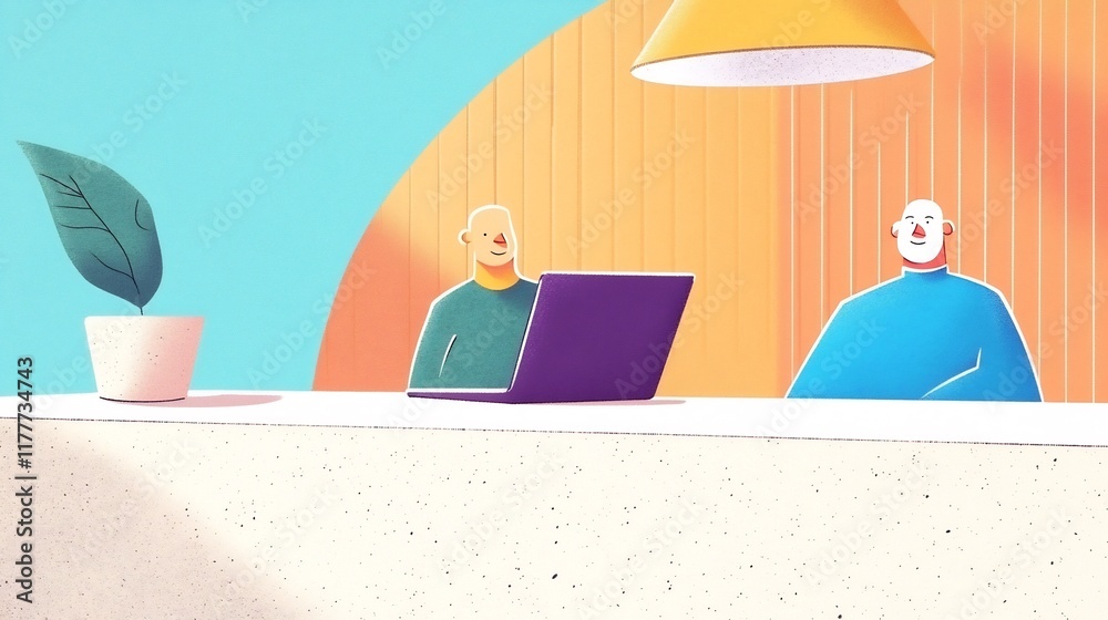 Obraz premium Vibrant Digital Illustration: Two Figures Collaborate on Laptop, Modern Office Setting. AI Generated