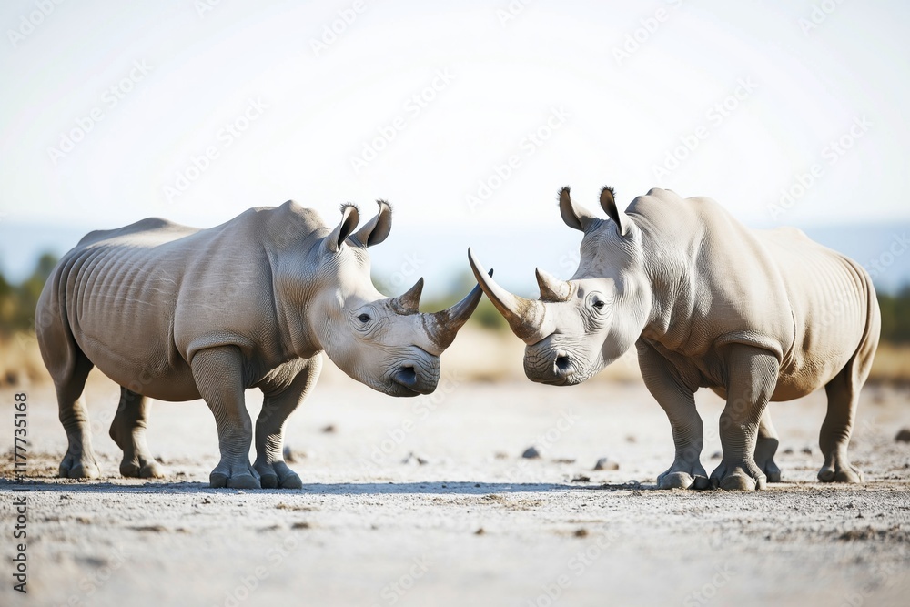 Fototapeta premium Portrait of two white rhinoceroses interacting in South Africa's natural habitat during daylight