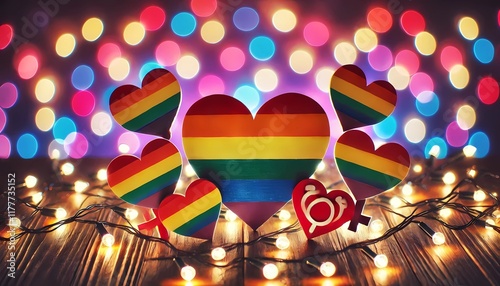 Luminous heart, with the colors of the LGBT+ community, Valentine's Day banner, created with Geberative A.I. photo