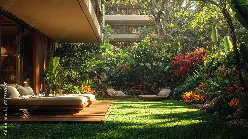 Obraz premium Lush tropical garden patio with lounge chairs.