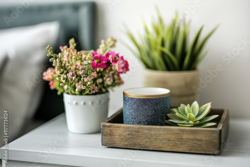 Wallpaper Mural Stylish arrangement of plants and decorative items on a wooden tray in a minimalist white studio setting Torontodigital.ca