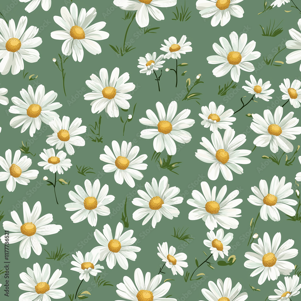 A vibrant pattern of white daisies against a soft green background, creating a cheerful and fresh floral design. A vibrant pattern of white daisies against a soft green background, creating a cheerful and fresh floral design.