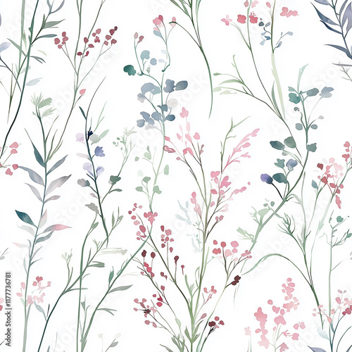 Delicate floral pattern with soft colors on a white background, featuring various leaves and small flowers.