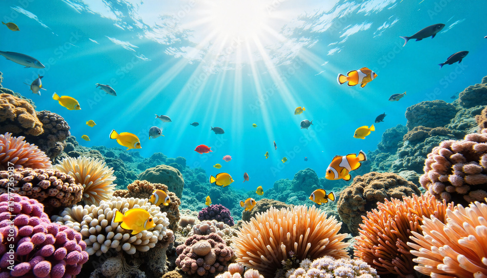 Naklejka premium Vibrant tropical fish swimming in coral reef, underwater beauty