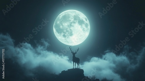 Majestic deer silhouette on a hill under a bright full moon with a glowing misty night sky, creating a serene and mysterious ambiance in nature.