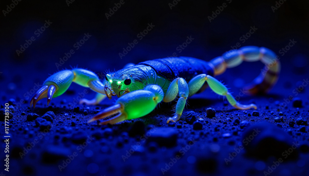 Illuminated scorpion showcasing intricate details in desert at night, nocturnal wonder Illuminated scorpion showcasing intricate details in desert at night, nocturnal wonder