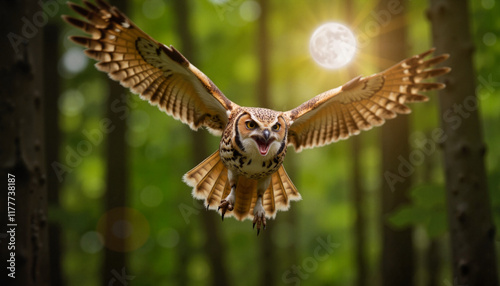 Owl swooping down with outstretched claws in moonlit forest glade, nocturnal beauty photo