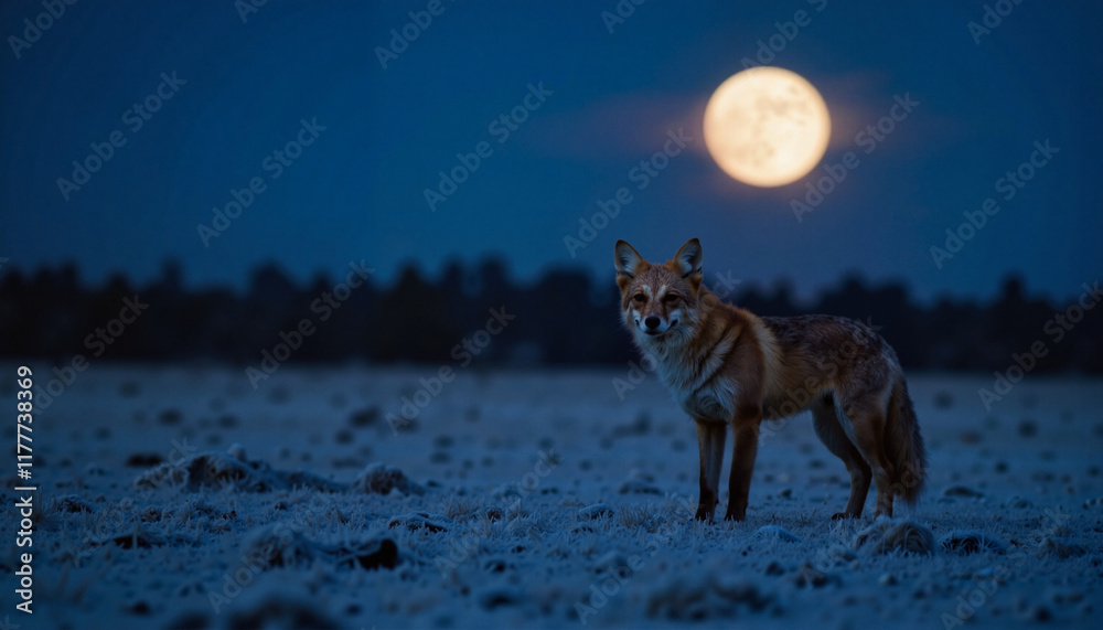 Fototapeta premium Fox silhouette under full moon in frosty landscape, nocturnal beauty