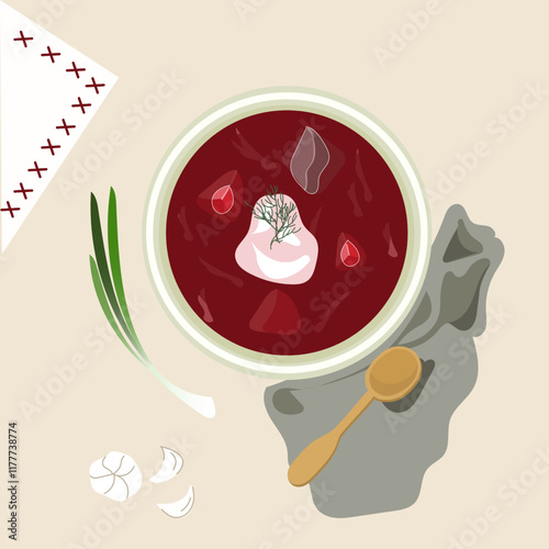 Vector illustration of ukrainian national dish borshch. Design element for travel map, website, poster, menu