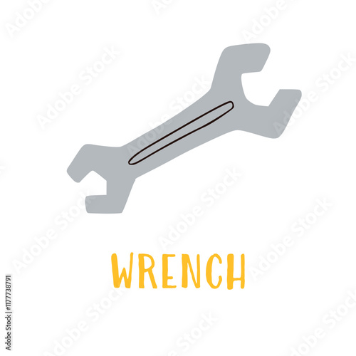 Flesh card of wrench in cartoon style on a white background. Work tool for home repair. Construction themed vector illustration, demonstrative card for kindergarten, school