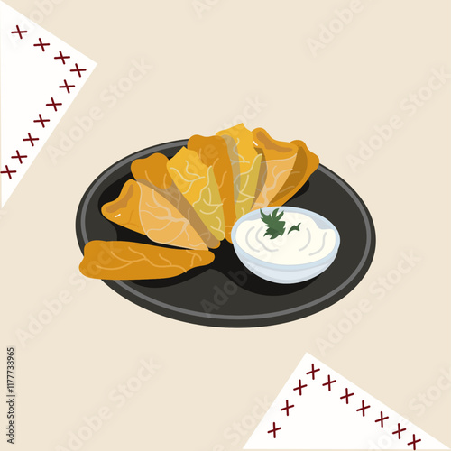 Vector illustration of Ukrainian national dish cabbage rolls, golubtsi. Design element for travel maps, posters, website, menu.