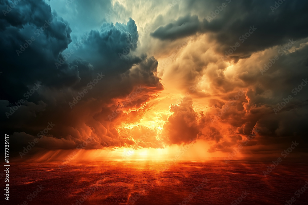 Fototapeta premium Dark clouds loom over parched farmland as a distant rainstorm emerges on the horizon