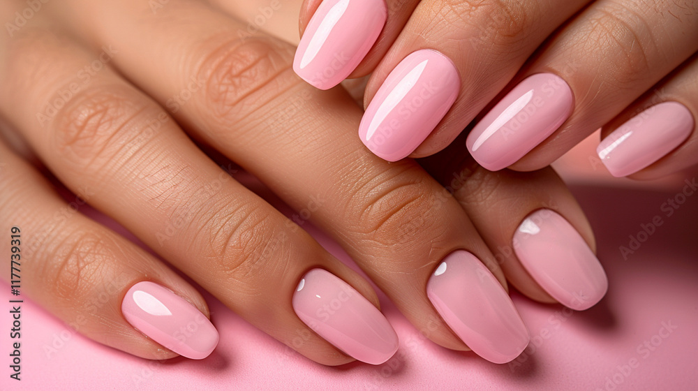 Elegant pink manicure showcasing perfectly polished nails on soft pink background with natural lighting enhancing shine. Generative AI Elegant pink manicure showcasing perfectly polished nails on soft pink background with natural lighting enhancing shine. Generative AI