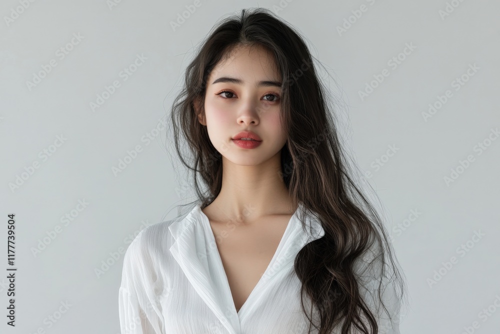 Elegant Portrait of a Young Woman with Long Hair in a Minimalist Setting Elegant Portrait of a Young Woman with Long Hair in a Minimalist Setting