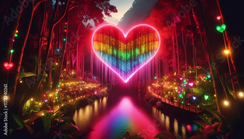 Luminous heart, with the colors of the LGBT+ community, Valentine's Day banner, created with Geberative A.I. photo