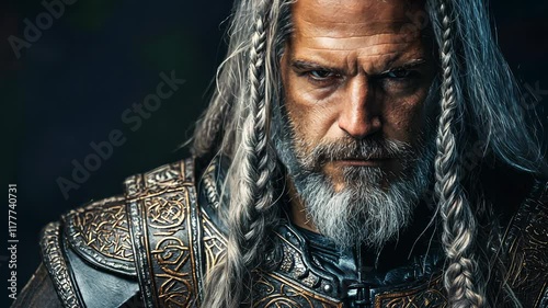 Viking warrior king with gray hair and beard staring intensely