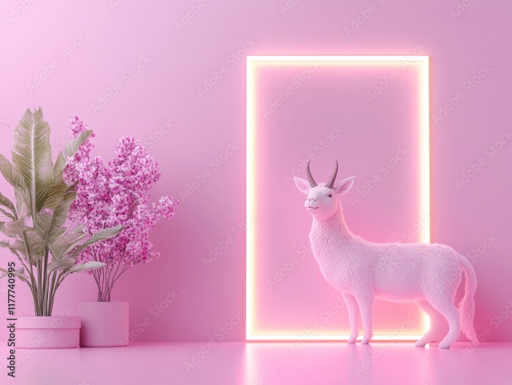 Fototapeta premium A whimsical scene featuring fluffy white goat in pink room with vibrant plants and flowers