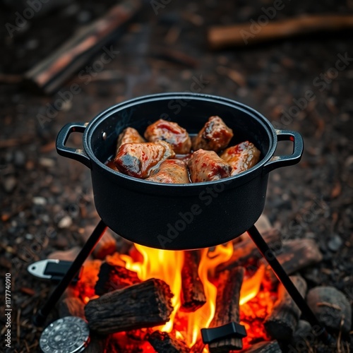 Dutch oven, filled with succulent braising meat, sits on a tripod over a crackling campfire. 