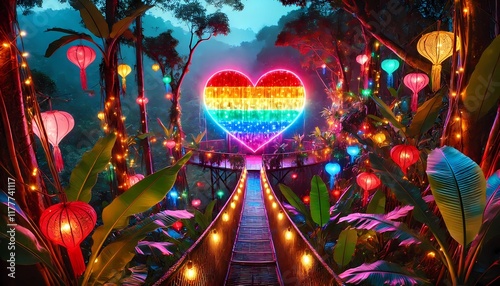 Luminous heart, with the colors of the LGBT+ community, Valentine's Day banner, created with Geberative A.I. photo