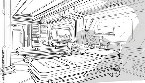 Futuristic hospital room sketch with two beds, medical equipment, and a computer console. Ideal for game level design or sci-fi illustrations. photo