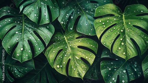 Lush Green Monstera Leaves with Dew Drops