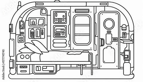Fototapeta Naklejka Na Ścianę i Meble -  A compact space station living quarter with a bed, storage, and control panels. Ideal for sci-fi games, illustrations, or space-themed designs.