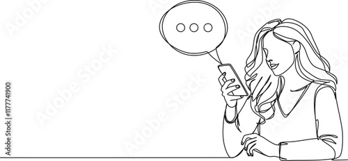 continuous line drawing of young woman communicating using smartphone, line art vector illustration