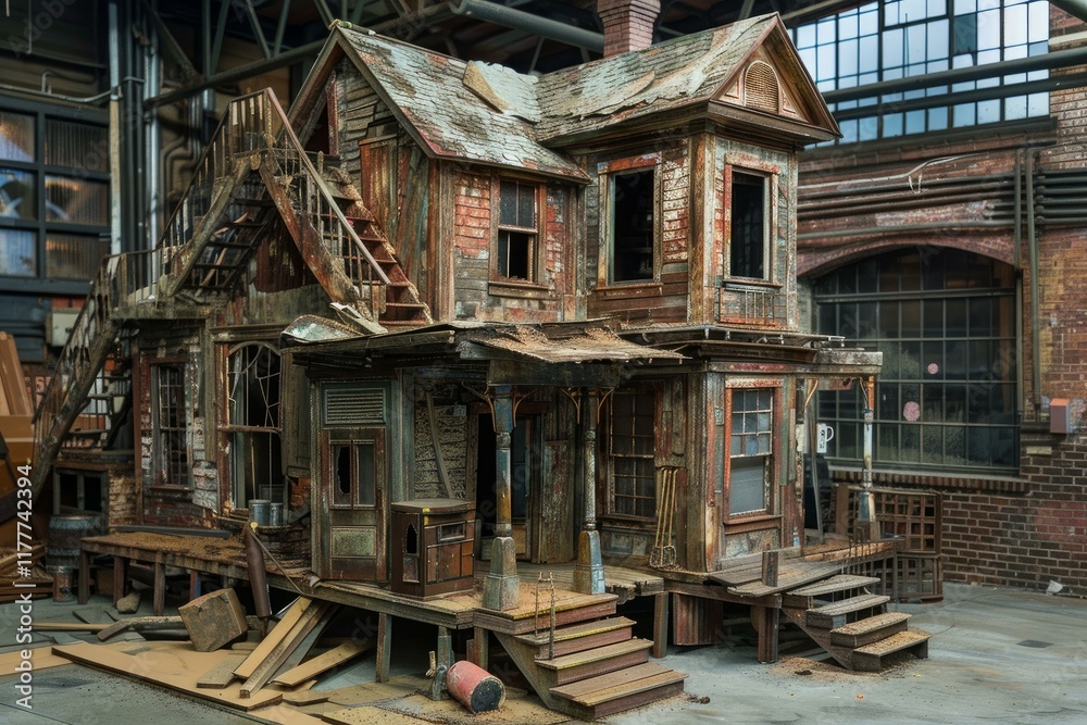 Old house stands decrepit and abandoned as a construction site grows around it Old house stands decrepit and abandoned as a construction site grows around it
