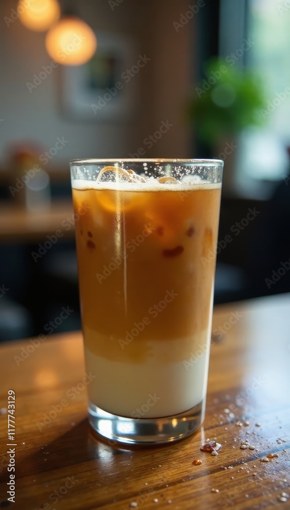 Glass of iced latte coffee on a wooden table with condensation droplets, beverage, wood table Glass of iced latte coffee on a wooden table with condensation droplets, beverage, wood table
