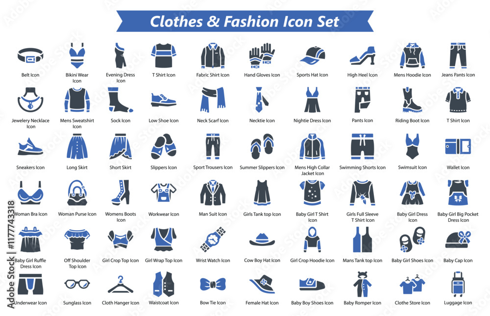 Fototapeta premium Clothes & Fashion Blue Icon Set