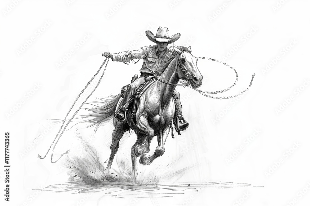 Obraz premium A dynamic sketch of a cowboy riding a horse, expertly lassoing with skill and precision in an action-packed scene.