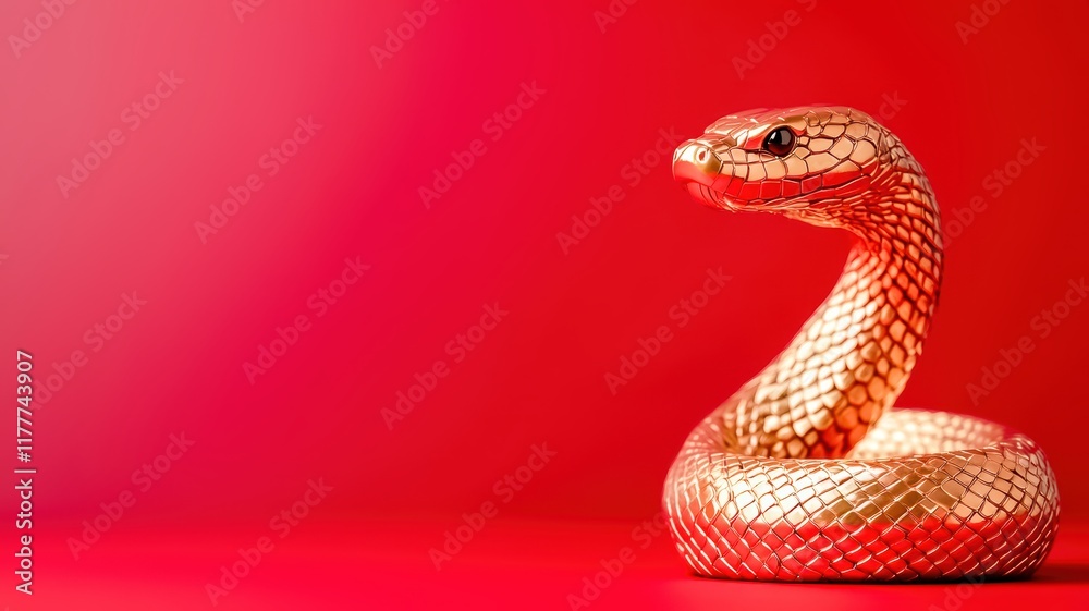 Fototapeta premium A close-up of a golden snake coiled gracefully against a vibrant red background, showcasing its intricate scales and striking features Chinese New year, Lunar, year of Snake.