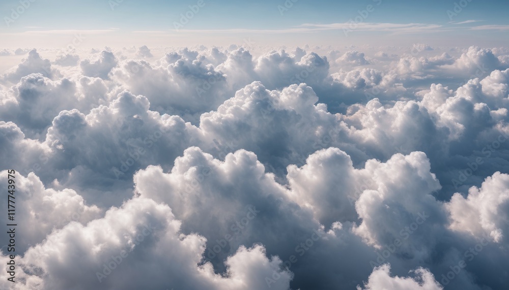 Aerial view of fluffy white clouds against a bright blue sky, creating a serene atmosphere Aerial view of fluffy white clouds against a bright blue sky, creating a serene atmosphere